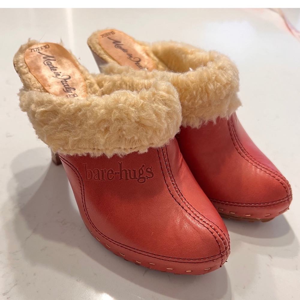 Vtg. Bare-hugs Red Leather Shearling Trim Wooden Clog Mules Made in Italy Size 6